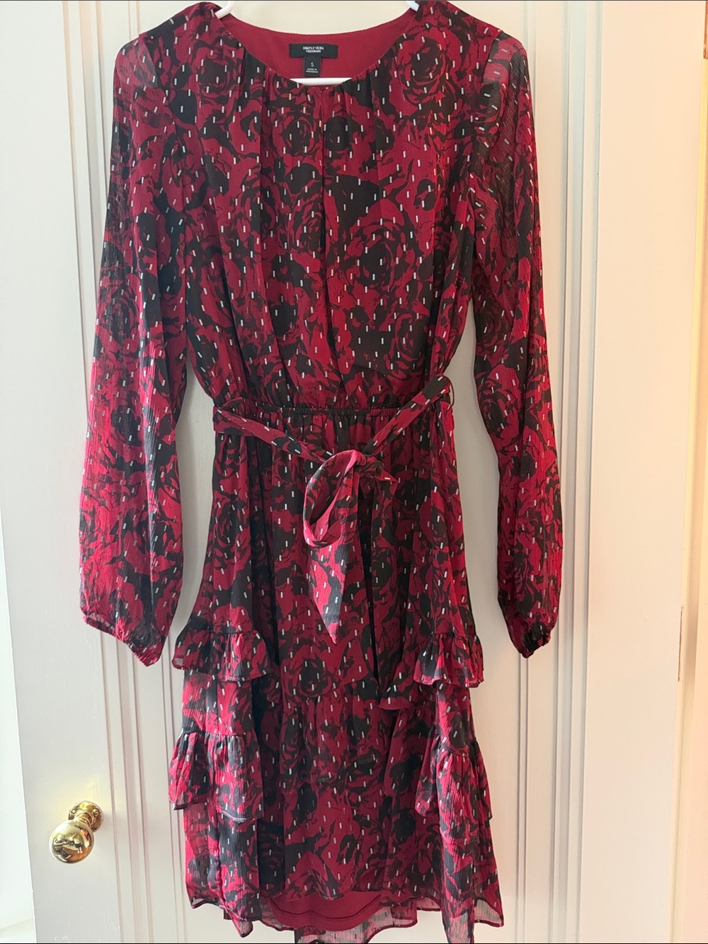 Simply Vera - Vera Wang Red Floral-Motif Long Sleeve Belted Dress